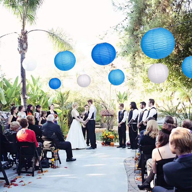 zilue 24pcs Hanging Round Paper Lanterns for Wedding Birthday Party Baby Showers Decoration Blue/White - Image 3